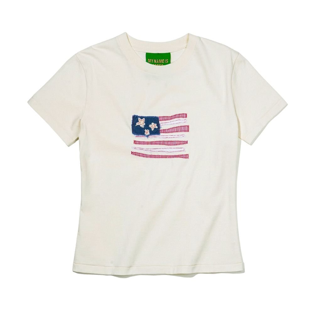 MY NAME IS PETER USA FLAG APPLIQUE T-SHIRTS WHITE