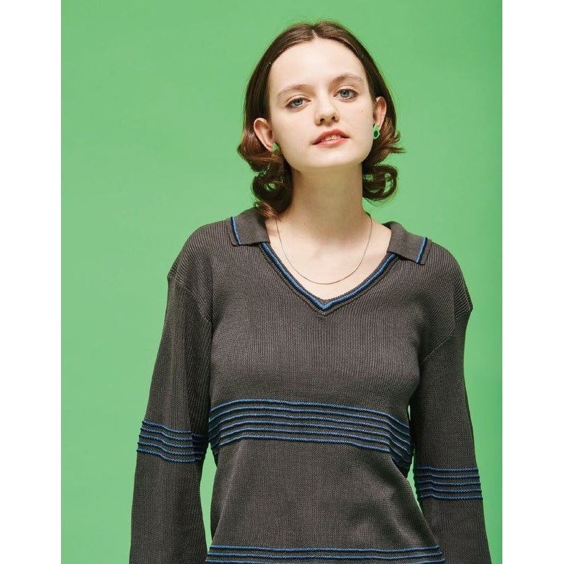 PARROTCANVAS Skipper Collar Border Knit GRAY