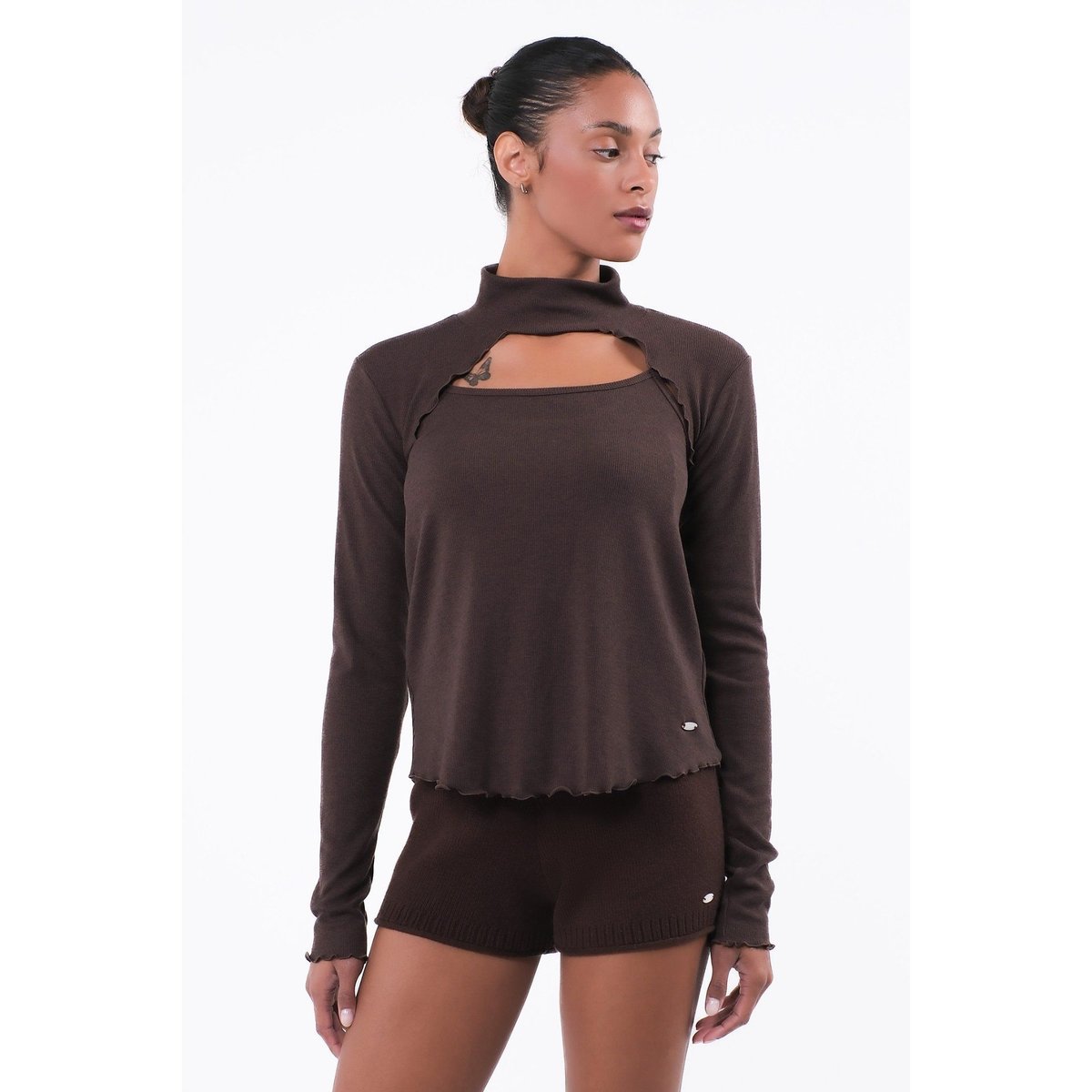 ITZON TURTLE NECK KNIT BOLERO BROWN
