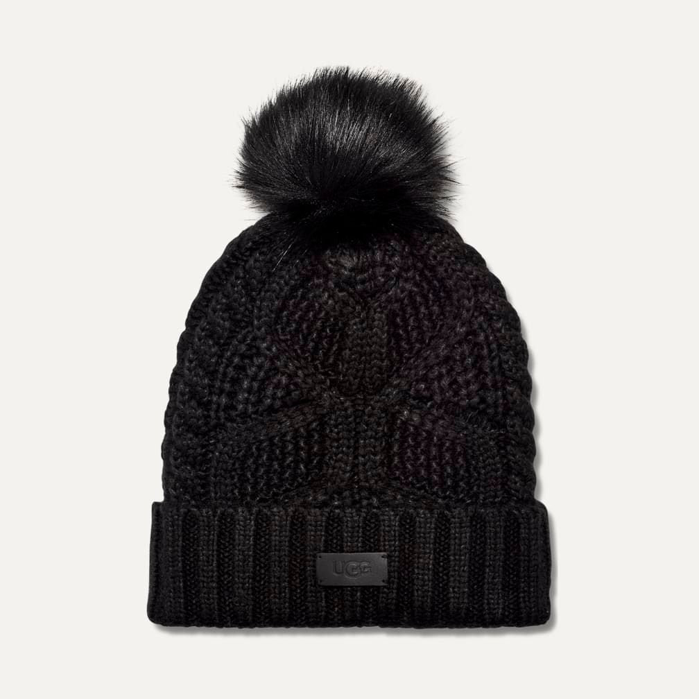 UGG W CABLE BEANIE WITH POM BLK