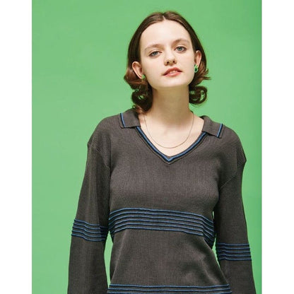 PARROTCANVAS Skipper Collar Border Knit GRAY