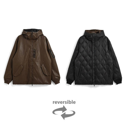 TAION REVERSIBLE N2B FAUX LEATHER DOWN JACKET D.BRN×BK